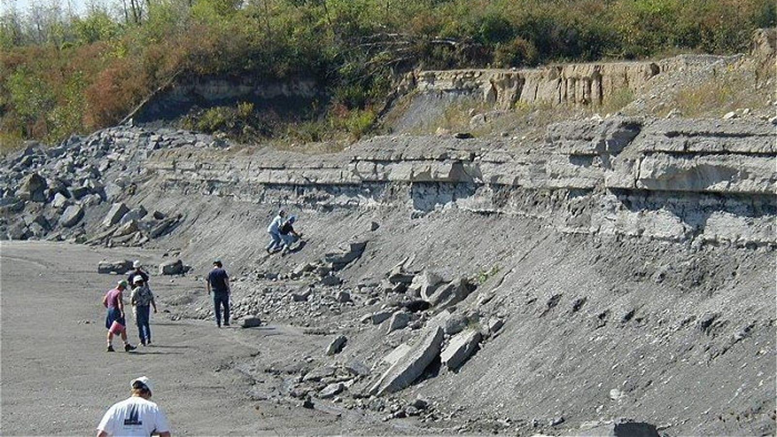 Visitors climbing layered quarry walls and shale rubble piles at Fossil Park in Sylvania, Ohio, on a sunny day.